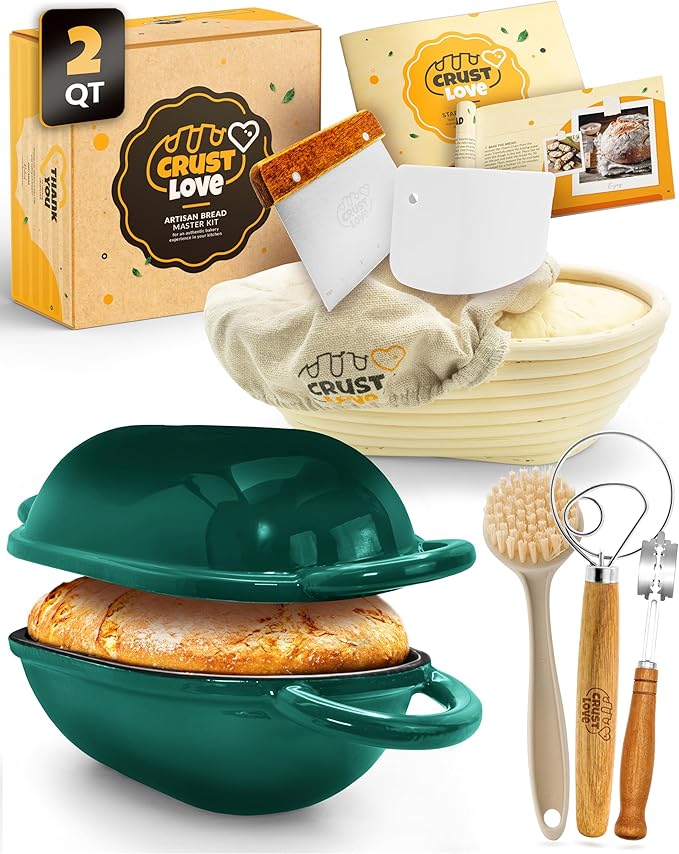 CRUSTLOVE Loaf Pan for Bread Baking - incl. Sourdough Bread-Baking Supplies like Banneton Bread-Proofing Basket - 2QT Enameled Oval Cast Iron Dutch Oven, Bread-Oven, Sour Dough Bread-Banking-Pan Tools