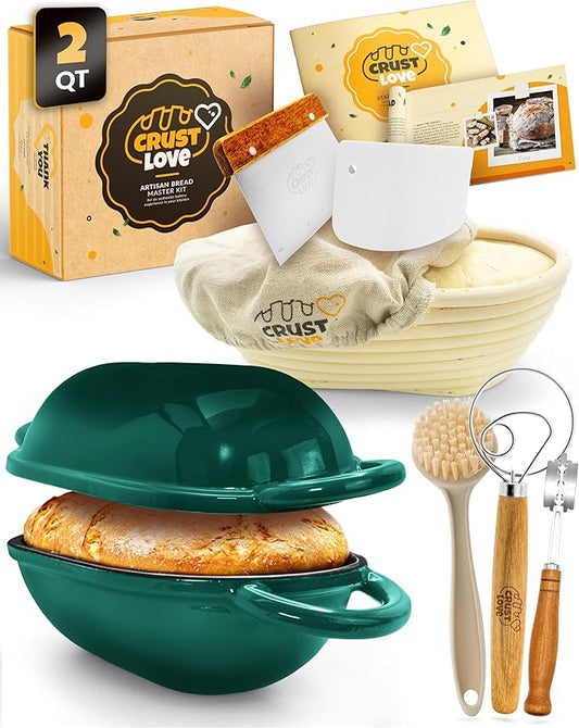 CRUSTLOVE Loaf Pan for Bread Baking - incl. Sourdough Bread-Baking Supplies like Banneton Bread-Proofing Basket - 2QT Enameled Oval Cast Iron Dutch Oven, Bread-Oven, Sour Dough Bread-Banking-Pan Tools