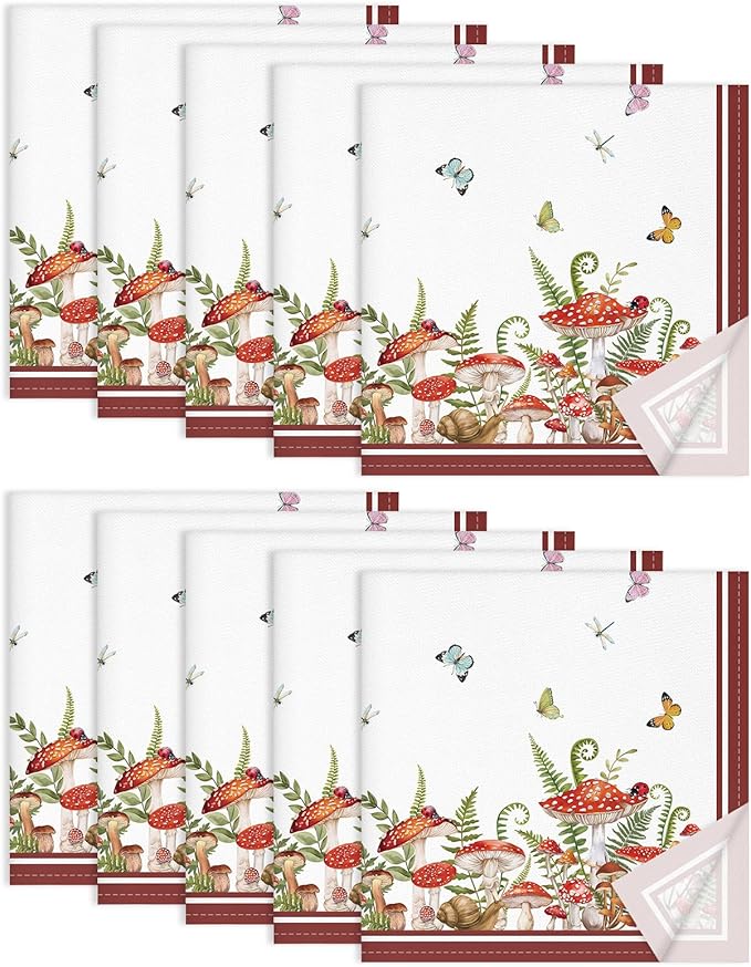Mushroom Napkins, 18×18 Inch Floral Butterfly Dinner Cloth Napkins Set of 10, Washable Cotton Soft Absorbent Square Napkins for Dining Kitchen Party Wedding Decoration