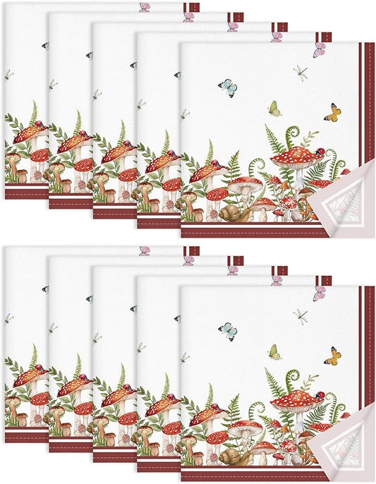 Mushroom Napkins, 18×18 Inch Floral Butterfly Dinner Cloth Napkins Set of 10, Washable Cotton Soft Absorbent Square Napkins for Dining Kitchen Party Wedding Decoration