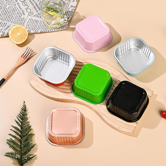 Findful Mini Cake Pans With Lids (10oz,40 Pack) Aluminum Foil Square Cupcake Liners Brownie Baking Cups,Disposable 4”x4” Large Cupcake Pan,Jumbo Muffin Tin Ramekins Holders