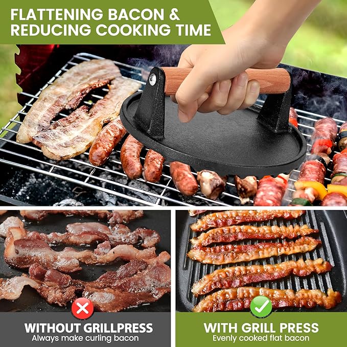 Burger Press 7” Round Cast Iron Smash Bacon Press & 8”X4” Rectangle Cast Iron Grill Press with Wooden Handle for Blackstone Griddle, Ideal for Panini, Steak & Sandwiches, Nonstick Pan