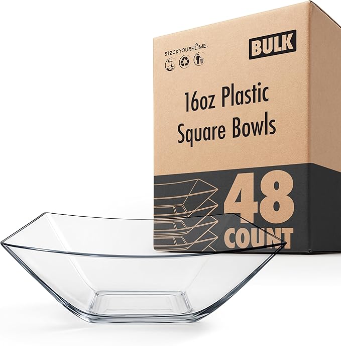 Stock Your Home 16oz Clear Plastic Serving Bowls (48 Pack) – Small Disposable Square Candy Dishes for Snacks, Chips, Mints, Salad Bar, Parties, Office, Bridal Shower
