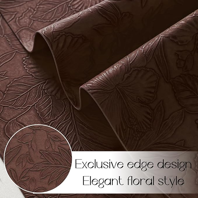 Romanstile Vinyl Placemats Set of 6-12 X 17 Inch - Heat Resistant Non-Slip Embossed Floral Place Mats 100% Waterproof Oilproof Wipeable Faux Leather Table Mats for Kitchen/Dining/Party, Brown