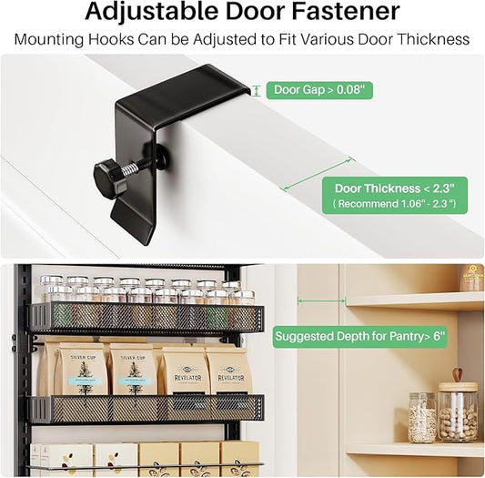 SNTD Over the Door Pantry Organizer - 8 Tier Adjustable Pantry Door Spice Organizer, Large Capacity Hanging Door Spice Rack for Kitchen Pantry Organizers and Storage (Black, 17" W x 6" D x 69" H)