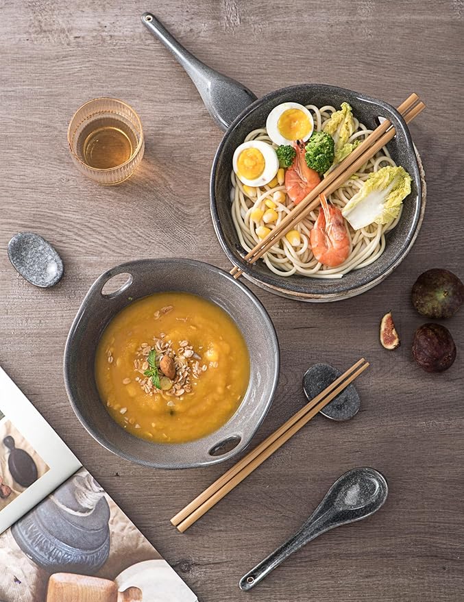 UNICASA Japanese Ramen Bowl Set with Chopsticks, Spoons and Rests, 26oz Deep Porcelain Noodle Bowl Set of 2 for Udon, Pho, Salad, Soup (Reactive Gray)