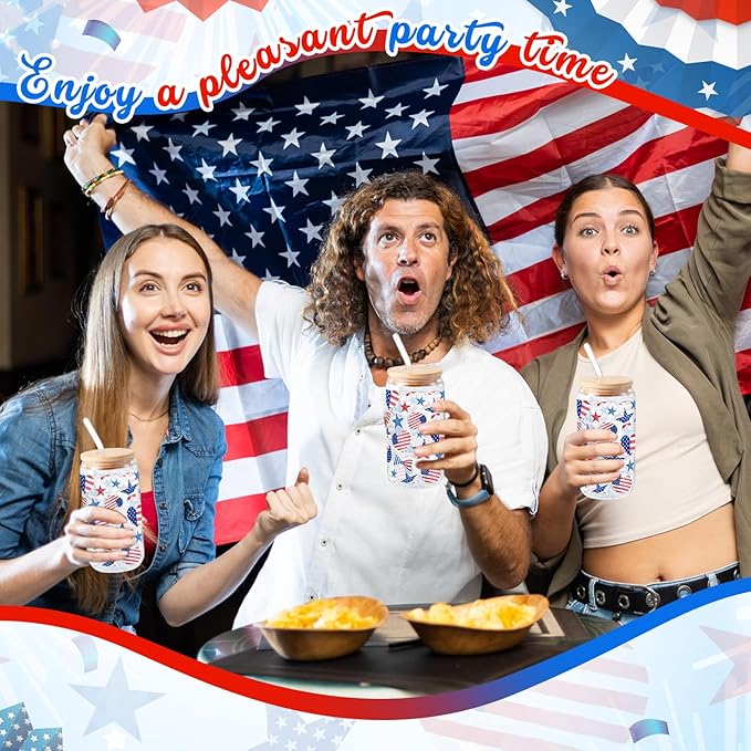 Sliner 2 Pcs Veterans Day Glass Cups 4th of July Tumbler Gifts Patriotic American Flag Star Iced Coffee Cup with Lid Straw Cleaning Brush 16 oz Red White Blue Drinking Glasses for Women