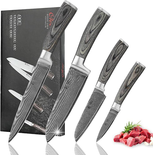 Wakoli EDIS 4-Piece Damascus Knife Set – Professional Kitchen Knife Set with VG10 Core Blades, 67-Layer Damascus Steel and Ergonomic Pakkawood Handles – Premium Kitchen Knives in Gift Box