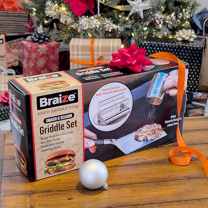 Smash Burger Press Kit – 6.5 Inch Stainless Steel Hamburger Smasher Tool – Heavy Duty Grill Press for Flat Top Griddles and Cast Iron Pans – Perfect for Crispy Smashed Burger Patty – Shaker Set