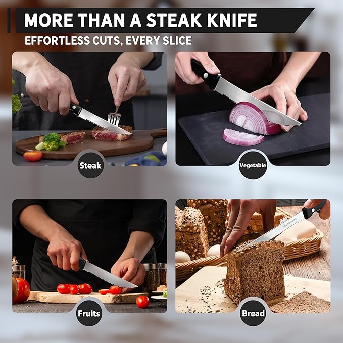 Upgraded Steak Knives Set of 12, Uncoated Stainless Steel Serrated Steak Knife Set, 4.5 Inch Steak Knife with Ergonomic Handle and Sharp Blades, Dishwasher Safe Dinner Knives for Kitchen, Restaurant