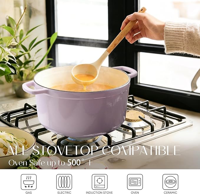 CAROTE 5QT Enameled Cast Iron Dutch Oven Pot with Lid, Heavy-Duty Dutch Ovens for Sourdough Bread Baking, Braising, Roasting, Dual Handles, Healthy & Non-Toxic, All Stovetop Compatible, Oven Safe up to 500° F, Macaron Purple