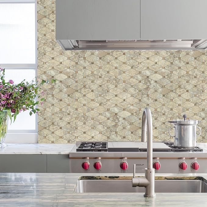 STICKGOO 10 Sheets Peel and Stick Backsplash, Tan Stone Mixed Metal Gold Backsplash Tile Peel and Stick, Stick on Backsplash for Kitchen, Fireplace, Bathroom, RV