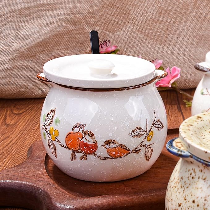 Ceramic Sugar Bowl with Lid and Spoon, Porcelain Sugar Container for Coffee Bar, Kitchen Countertop, Japanese Style Sugar Holder Sugar Pot for Salt Creamer, Dishwasher Safe (ny)