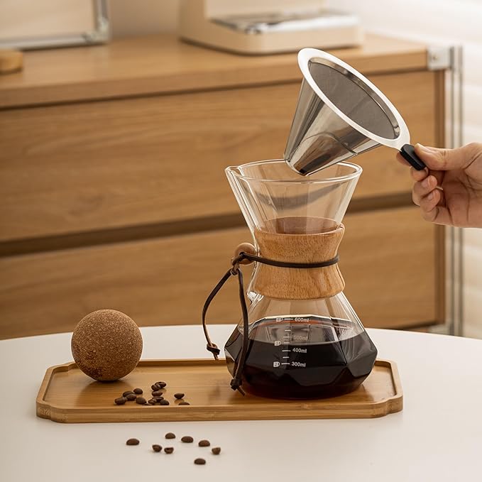 HYAXGM Pour Over Coffee Maker With Wood Sleeve，13.5oz/400mlPour Over Coffee Dripper,Pour Over Coffee Maker Set With Cork Stopper (13.5oz/400ml)