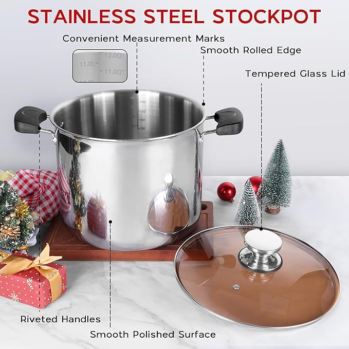 Onader Large Stainless Steel Stock Pot for Cooking, 12 Quart Big Soup Pot with Lid & Anti-Scald Handles, Tri-Ply Induction Stockpot
