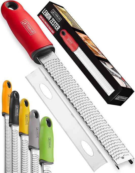 Orblue Lemon Zester & Cheese Grater - Premium Citrus Zester, Kitchen Grater for Parmesan, Chocolate, Fruits, Vegetables, Ginger, Garlic, Nutmeg - Stainless Steel Blades with Protective Cover, Red