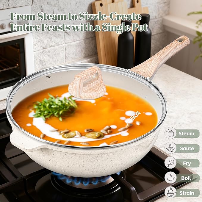AOSION 11 Inch Nonstick Ceramic Deep Frying Pan Skille with Lid,5QT Sauté Pan for Cooking with Steam Rack,Healthy Large Skillet,Stay Cool Handle, Induction Compatible, PFOA & PFAS Free. (12IN-WHITE)