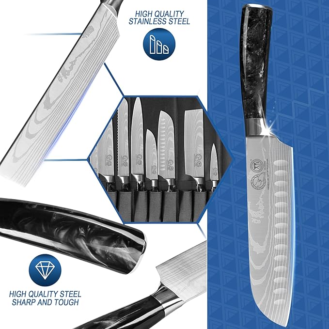 XYJ Authentic Since 1986,8-pieces Japanese Chef Knives Set with Roll Bag & Sheath,Stainless Steel Cutlery Culinary Kitchen Knives,Ergonomics Handle,Paring Santoku Slicing Cooking Knives Tools