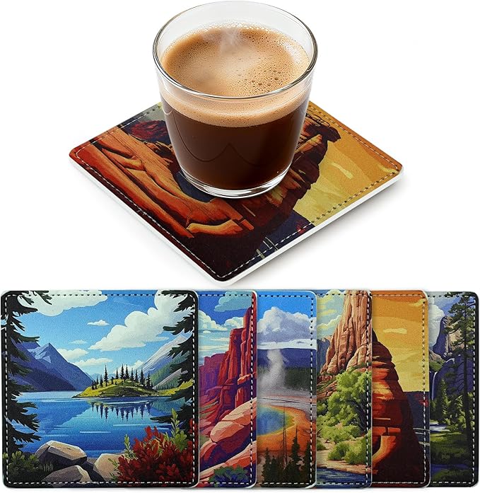 National Parks Coasters Square Leather Drinks Coaster Set with Holder for Coffee Table Bar Home Decor 4 Inches Set of 6