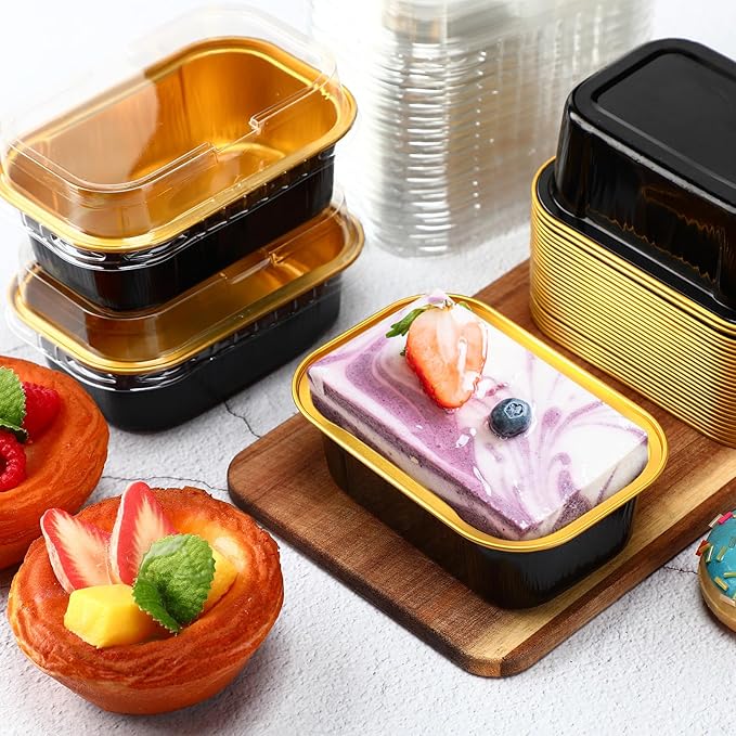 Vesici 100 Sets Mini Loaf Pans with Lids, 5.7 oz Disposable Aluminum Foil Baking Cups, Rectangle Cake Pans for Pudding Desserts Muffin Baking Storage Valentines Wedding Birthday Party(Black Gold)