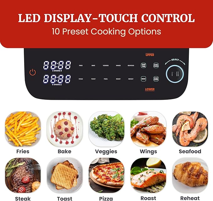 Elite Gourmet Dual Stacked Air Fryer, 10.5 Qt Capacity, PFAS Free Nonstick, 10 Presets, SYNC Cook & SYNC Finish, Adjustable Time & Temp, 1700-Watts, 34 Delicious Recipes, Black