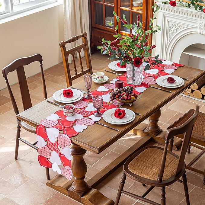 Joyfol Day Valentine’s Day Table Runner 14x86 Inch, Cutwork Embroidered Red Heart Decoration for Wedding Anniversaries, Proposals & Romantic Parties