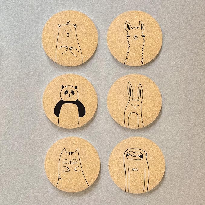 Coasters for Drinks with Holder Set of 6, Cute Animals Coaster Bulk for House Warming Gifts for New Home Couples Absorbent Cork Wood Cup Desk Coffee Table Office Kitchen Decor, Round 4"