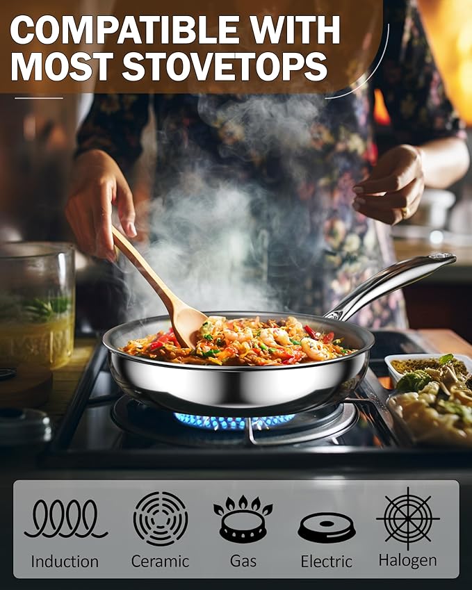 Cook N Home Stainless Steel Frying Pan Set, 8-inch, 10-inch, 12-inch Fry Pan, Tri-Ply Clad 18/10 Stainless Steel Skillet Sauté Cooking Pan, Induction Cookware, 3-Piece
