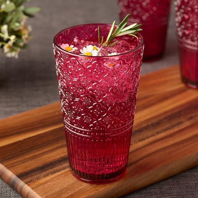 Victoria Ruby Set of 6 Premium Acrylic Ice Tea Glass 22 oz – Unbreakable Glassware with Elegant Embossed Design, Dishwasher Safe for Indoor & Outdoor Use