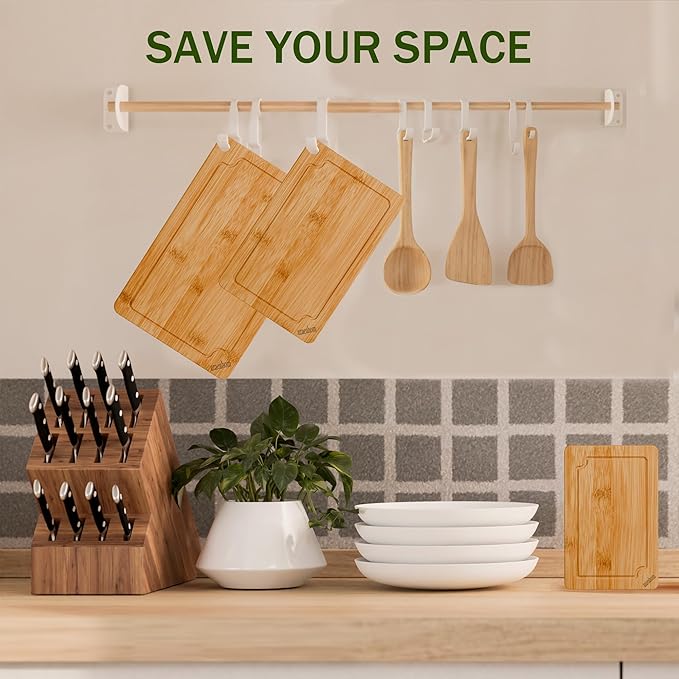 Azaeahom Bamboo Cutting Boards for kitchen, Wood Cutting Board with Juice Grooves & Built-in Handles, Large Medium Small Chopping Board for Meat, Vegetables