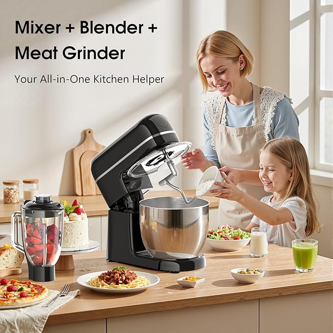 Honinst Stand Mixer, 7-IN-1 6.5QT 660W Multifunctional Electric Kitchen Mixers with Blender, Meat Grinder, Dough Hook, Whisk and Beater, 8-Speed Food Mixer for Baking, Cooking, Food Processing, Black