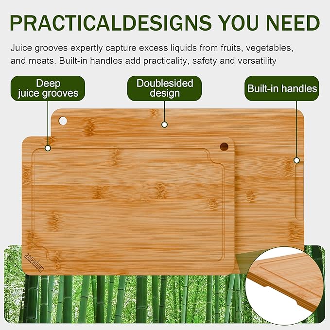 Bamboo Cutting Boards for Kitchen, 2-Piece Wood Cutting Board Set with Juice Grooves & Built-in Handles, Easy Storage & Clean Chopping Board for Meat, Vegetables, Fruit