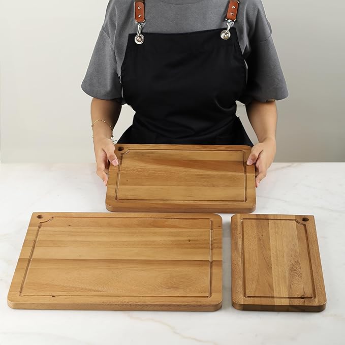 Sango Acacia Cutting Board Set with Juice Grooves and Hanging Holes, 3-Piece - Wood Chopping Boards, Stackable & Reversible for Kitchen, Non-Toxic, Perfect as Butcher Block Countertop, Atelier