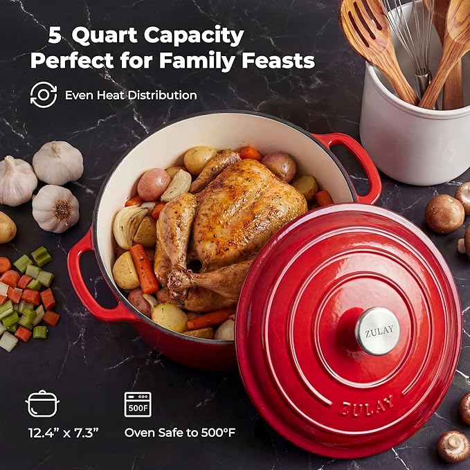 Zulay Kitchen 5 Quart Enameled Cast Iron Dutch Oven Pot with Lid – Premium Durability & Oven Safe up to 500°F – Heavy Duty Cookware Perfect for Bread Baking, Stews, Braising & Roasting – Red