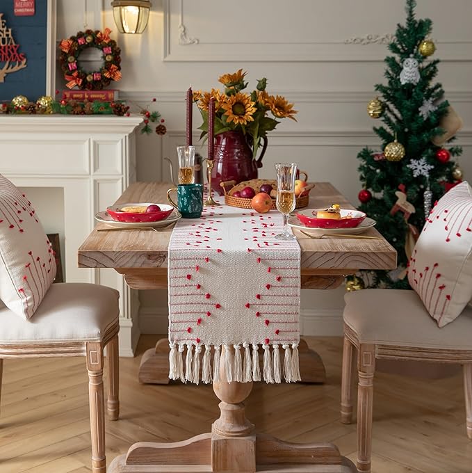 Valentines Day Table Runner 13 x 60 Inch Long Natural Cotton Woven Runner with Tassels for Home Dining Christmas Decorations, for Modern Farmhouse Holiday Boho Table Runner, Red and Beige