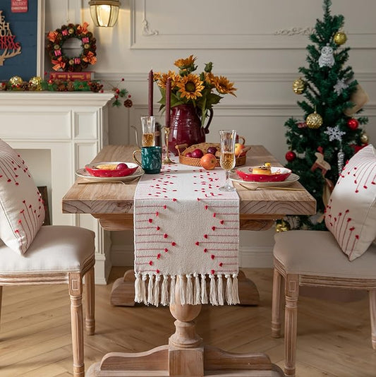 Valentines Table Runner 13 x 90 Inch Long Natural Cotton Woven Runner with Tassels for Home Dining Valentine's Day Decorations, for Modern Farmhouse Holiday Boho Table Runner, Red and Beige