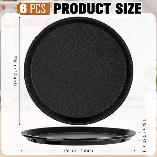 Zopeal 6 Pieces Black Round Restaurant Serving Tray, Plastic Non Slip Surface Food Meals Server Tray with Raised Edges for Home, Kitchen, Restaurant, Cafeteria, Bar (14")