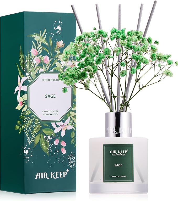 Airkeep Reed Diffuser Set, 3.38 fl oz (100 ml) - Sage Lemon Oil Diffusers with 8 Reed Sticks, Home Fragrance Reed Diffuser for Bathroom Shelf Decor