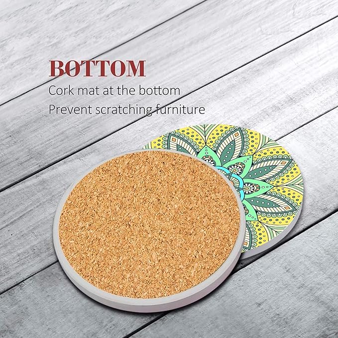 Coaster for Drinks Set of 6, Moroccan Bohemian Mandala Colorful Pink Green Absorbent Round Ceramic Stone Mat, with Cork Base and Metal Holder, Gift for Housewarming Room Bar Decor