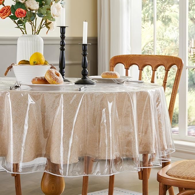 Clear Plastic Tablecloth Round Vinyl Transparent PVC Table Cloth 100% Waterproof Oil-Proof Stain Resistant Wipeable Table Protector Cover for Dinning Table, 60-Inch Round.