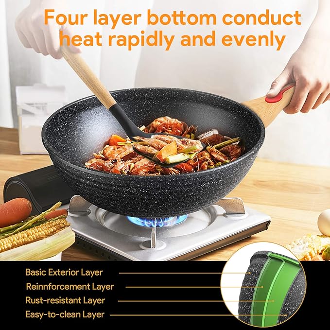ITSMILLERS Nonstick Wok Aluminium Die-casting Chinese Wok, Scratch Resistant With Lid and Spatula, PFOA-Free, Dishwasher Safe & Induction Bottom,12 Inch,6L,Large Capacity