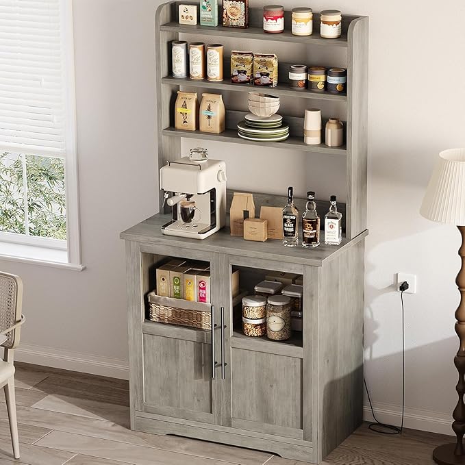 GAOMON Farmhouse Bakers Rack with Storage Cabinet and Power Outlets, Kitchen Pantry Organizer Hutch with Thickened Countertop, Microwave Stand with USB Ports, Multi-Shelf Storage, Gray