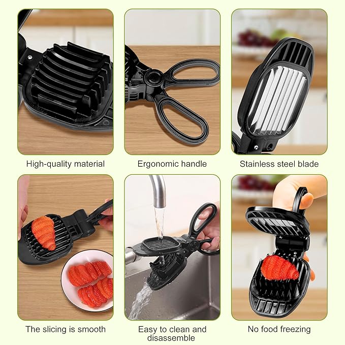 Fruit Slicer, Strawberry, Banana, Kiwi Cutter, Egg Slicer for Hard Boiled Eggs, for Fruit Sausages, Cucumbers, Mushroom Cutter, Rapid & Safe Slicing Kitchen Gadgets (Black)