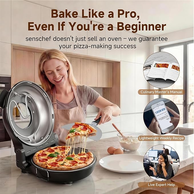 SENSCHEF 12-Inch CrustyBake Beginner's Black Glazed Stone Pizza Oven: Quick 800°F Heating, Easy-Clean Design, Recipe Book & All Tools Included - Perfect for First-Time Pizza Makers at Home