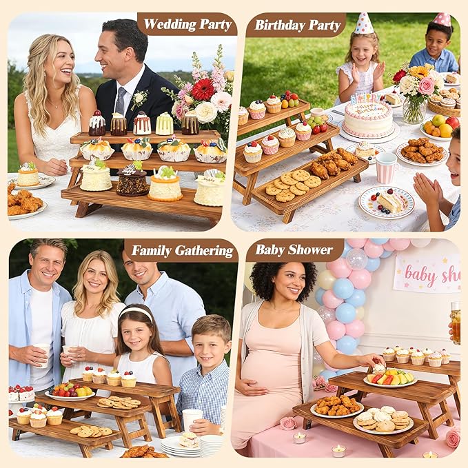 3 Tier Wooden Serving Tray Stand, Foldable Tiered Dessert Display Set for Party, Wedding, Birthday, Christmas, Rustic Charcuterie Boards Table Decor