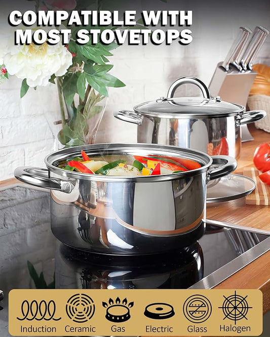 Cook N Home Stainless Steel Stock Pot with Glass Lid, Basic Small Sauce Cooking Pot Saucier Casserole Pan Set, 6 Piece Set