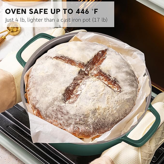 INSETFY Large Dutch Oven Pot with Lid-7.5QT Cast Aluminum Oven Pot with Two Handles Lightweight for Bread Baking Braising and Roasting(Green)