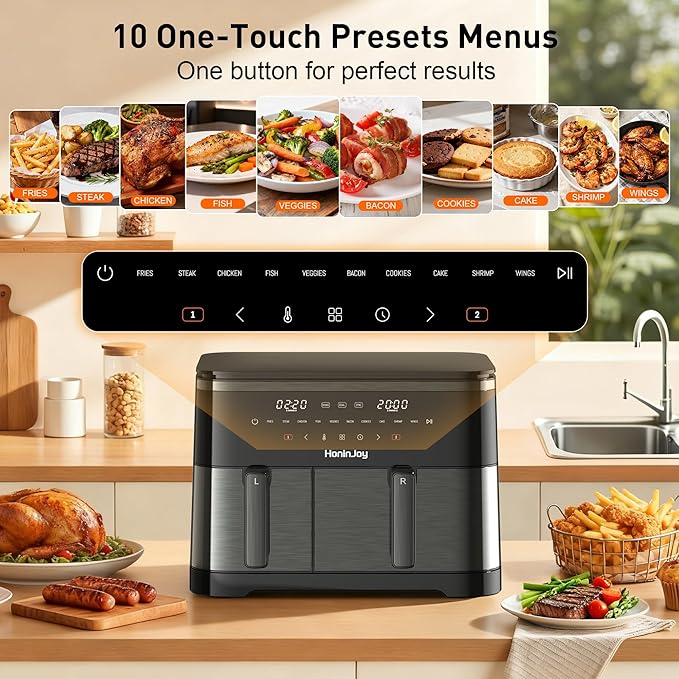 HoninJoy 12QT Large Air Fryer with Dual Basket (4QT+8QT), 13-in-1 Digital Touchscreen Double Zone Air Fryers with 50pcs Paper Liners, Sync & Dual, for Bake, Roast, Shake Reminder, Dishwasher Safe