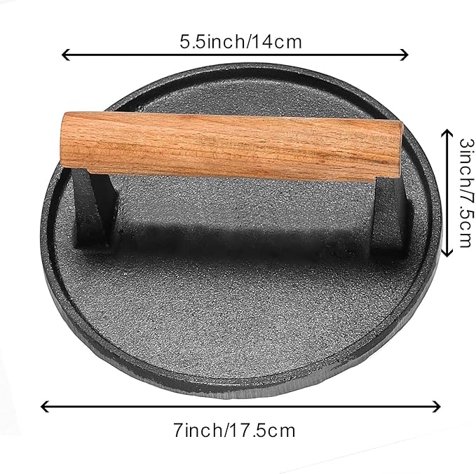 HOIGON 2 PCS 7 Inch Round Heavy Duty Cast Iron Grill Press, Steak Weight Bacon Barbecue Presses with Solid Wood Handle for Burgers, Bread, Pushing Down On Steaks