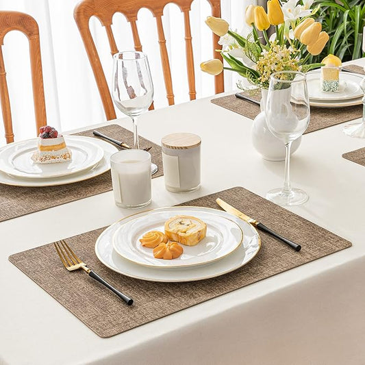 Romanstile Vinyl Placemats Set of 4-12 X 17 Inch - Heat Resistant Place Mats 100% Waterproof Oilproof Wipeable Reversible Faux Leather Table Mats for Kitchen, Dining, Party, Outdoor, Coffee